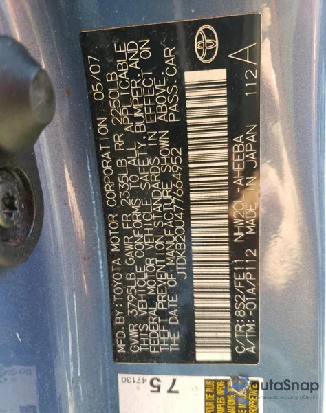 2007 Toyota Prius z USA, uszkodzony, nr VIN JTDKB20U477664952